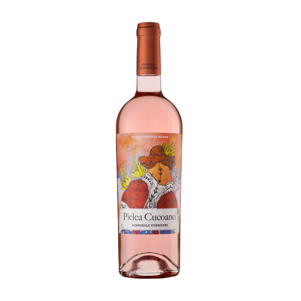 Rose wine bottle with a colorful label on a white background