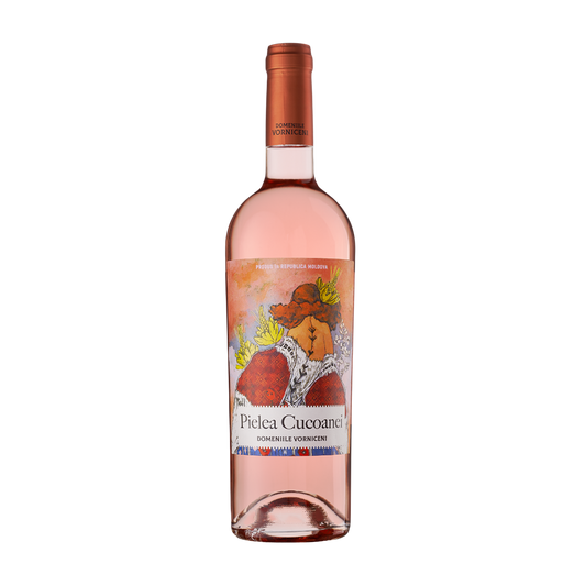 Rose wine bottle with a colorful label on a white background