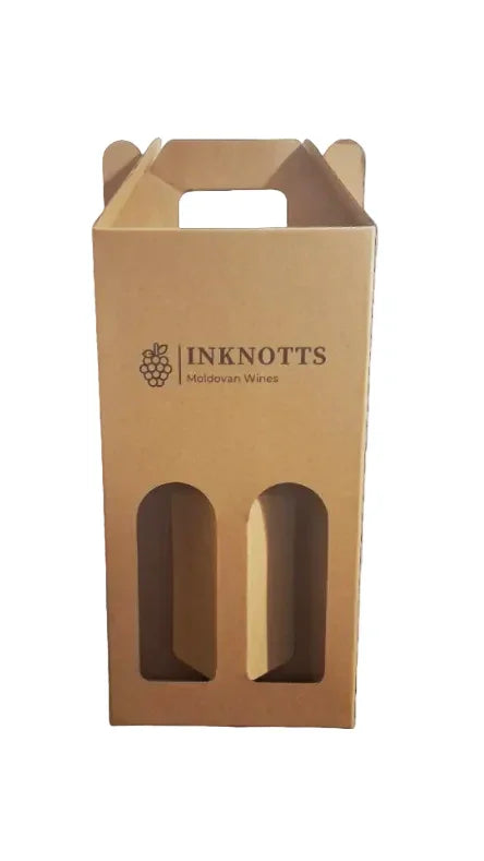 Cardboard double wine bottle gift box with handle and 'Moldovan Wines' text on front