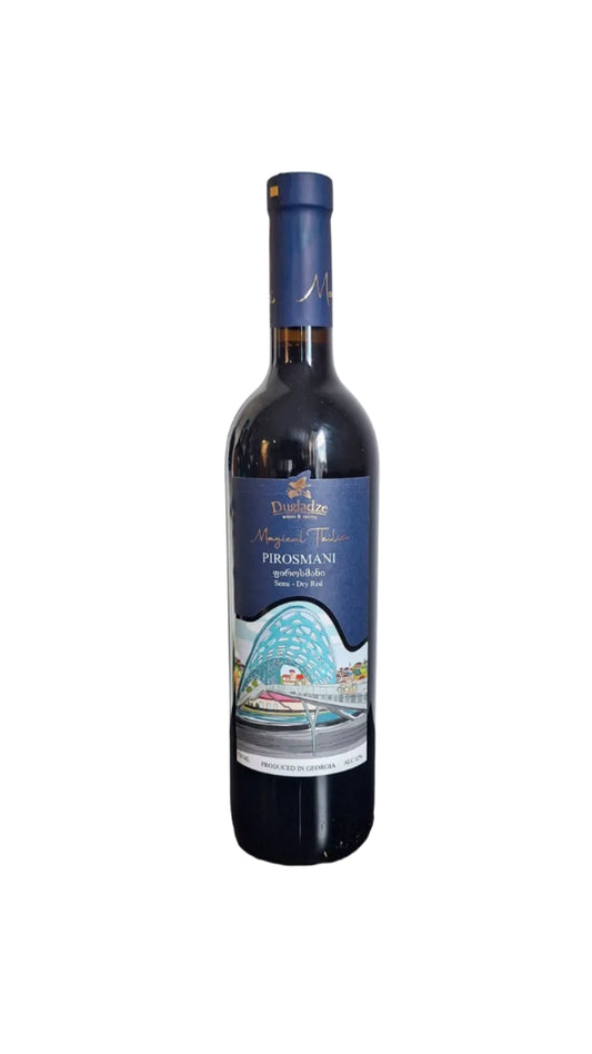 Wine bottle with blue label on a white background
