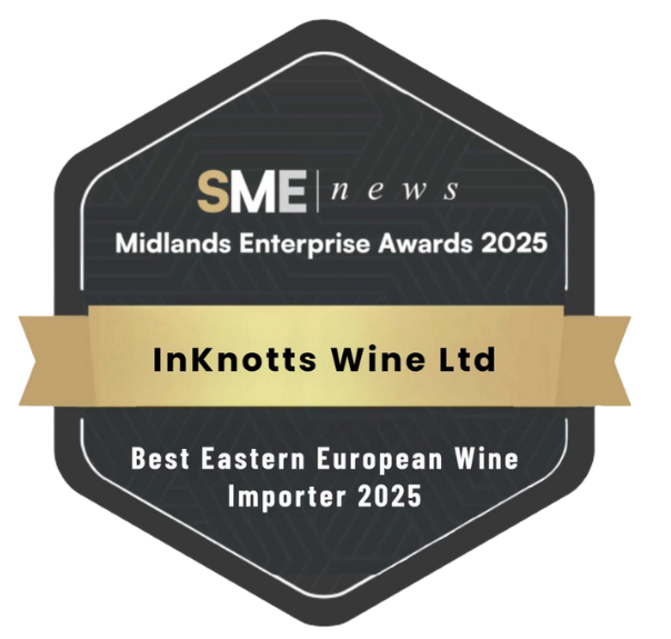 Award badge for InKnotts Wine Ltd for Best Eastern European Wine Importer 2025 at the Midlands Enterprise Awards 2025.