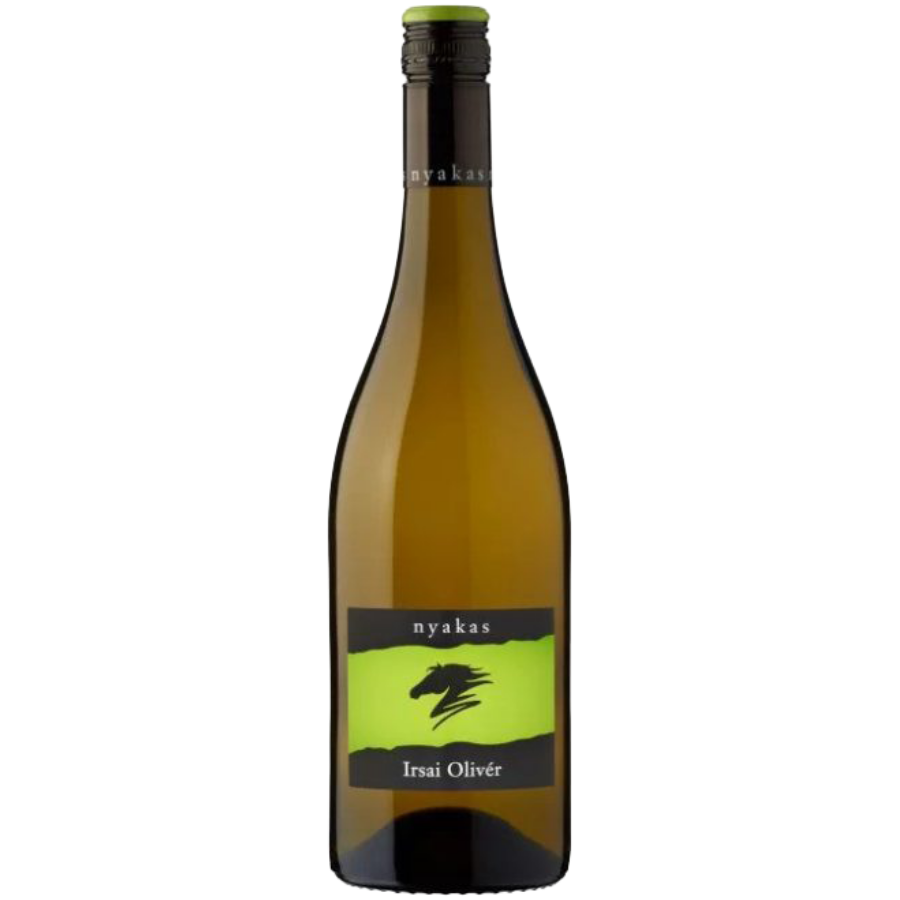 A bottle of Nyakato Irina Olivio Iria Olive white wine, featuring an olive-green glass bottle with a black and neon yellow-green label, set against a plain white background.