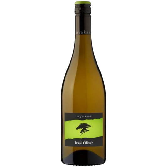 A bottle of Nyakato Irina Olivio Iria Olive white wine, featuring an olive-green glass bottle with a black and neon yellow-green label, set against a plain white background.