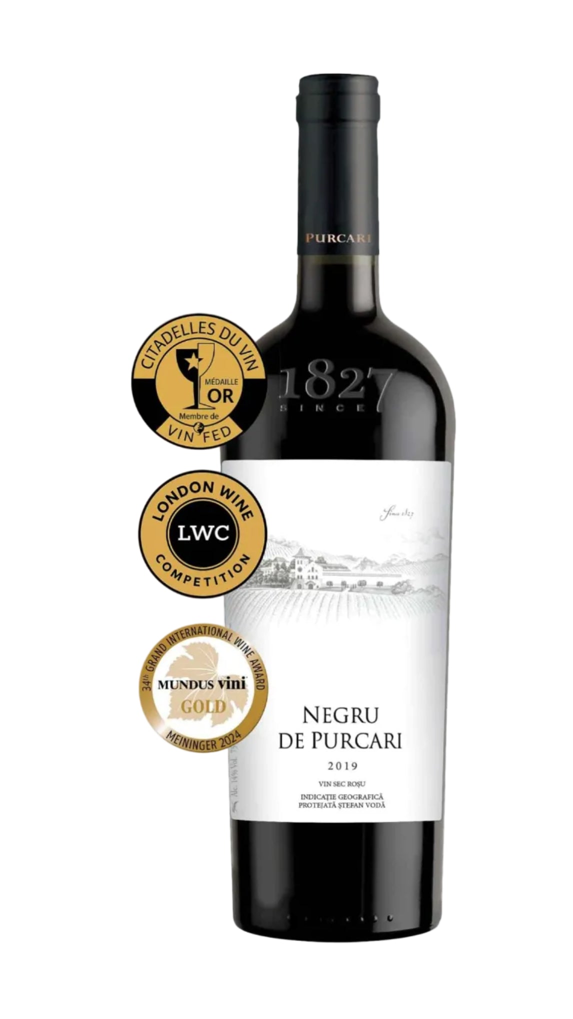 Bottle of Negru de Purcari wine with multiple awards on a white background