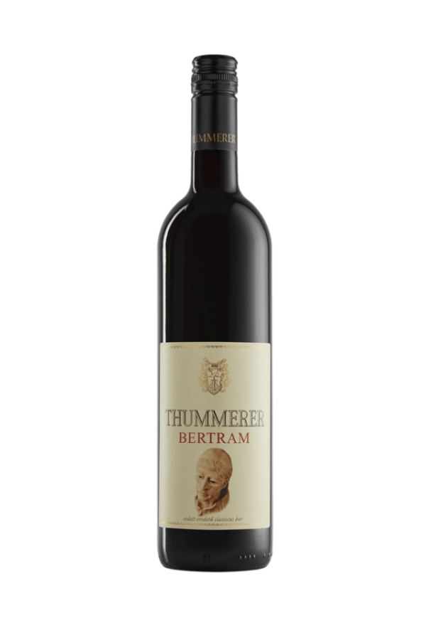 A bottle of Thummerer Bertram red wine with a cream-colored label and black bottle, shown against a plain white background.
