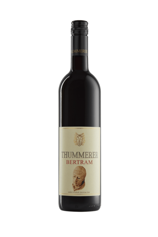 A bottle of Thummerer Bertram red wine with a cream-colored label and black bottle, shown against a plain white background.