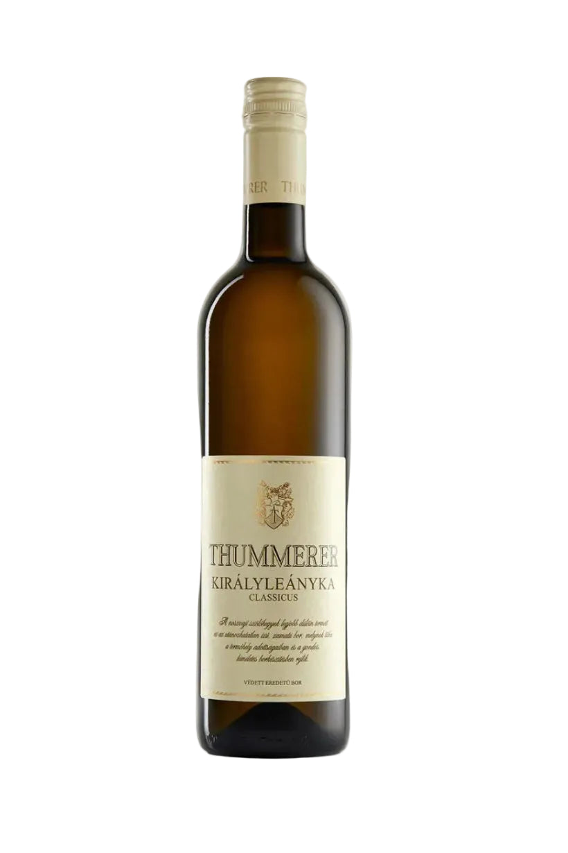 A bottle of Thummerer Királyányka Classics red wine, featuring a dark brown glass bottle with a cream-colored label and gold foil cap, set against a plain white background.