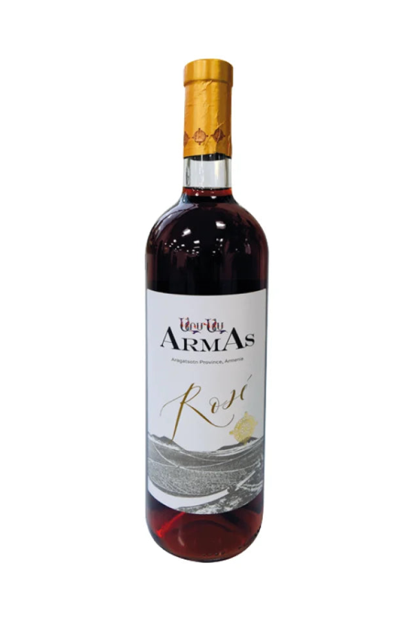 A bottle of Armas Rosé wine, featuring a white label with gold and black lettering and a gold foil-wrapped neck, set against a plain white background.