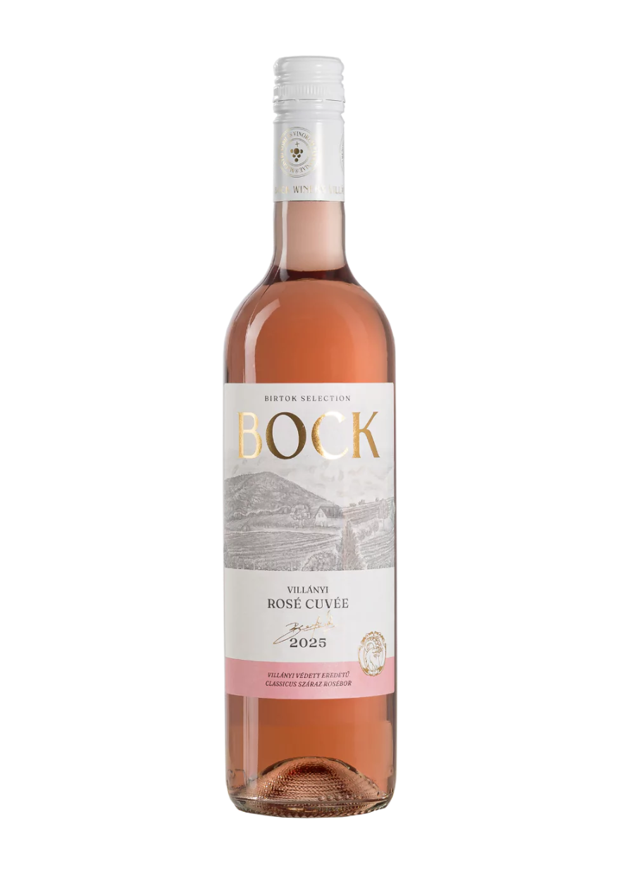 A bottle of Bock Villani Rosé Cuvrée rosé wine, showing the pinkish-rose liquid inside a clear glass bottle with a white and gold label, on a solid white background.