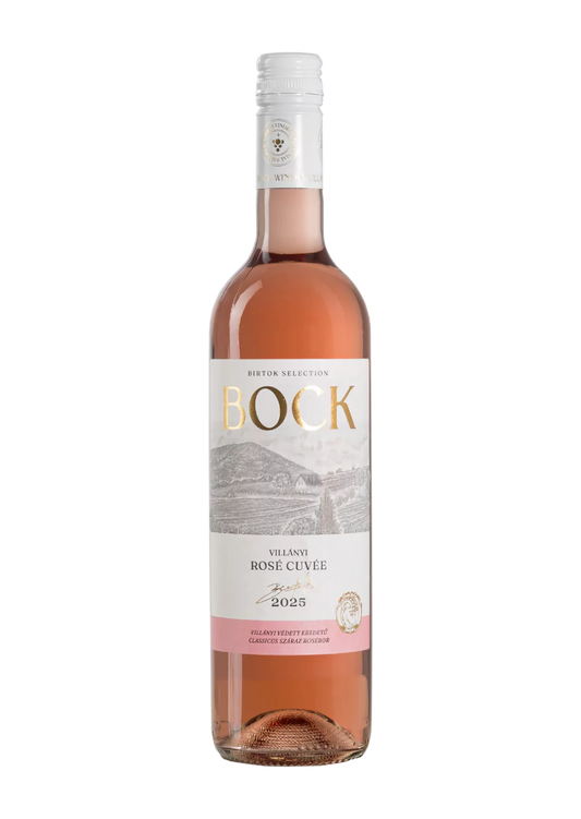 A bottle of Bock Villani Rosé Cuvrée rosé wine, showing the pinkish-rose liquid inside a clear glass bottle with a white and gold label, on a solid white background.
