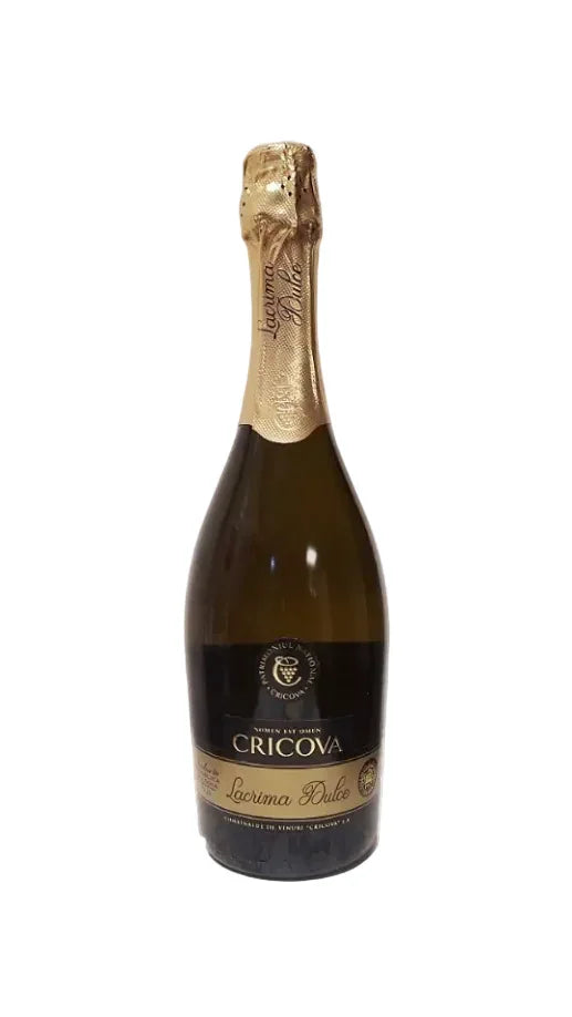 Cricova Lacrima Dulce sparkling wine bottle with gold foil and black label, Moldovan sweet wine