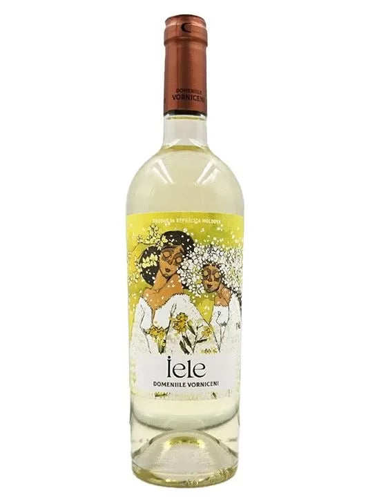 Wine bottle with a decorative label featuring two women and floral elements on a white background.