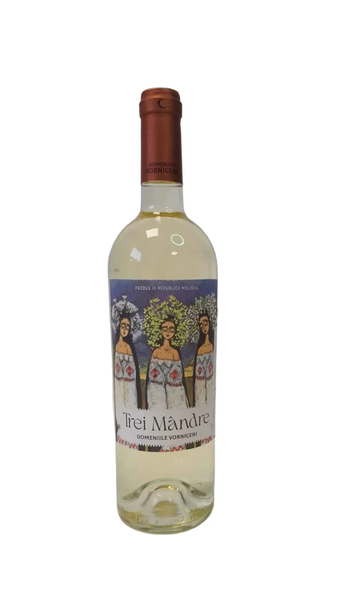 Trei Mandre Moldovan white wine bottle with illustrated label of three women in traditional dress