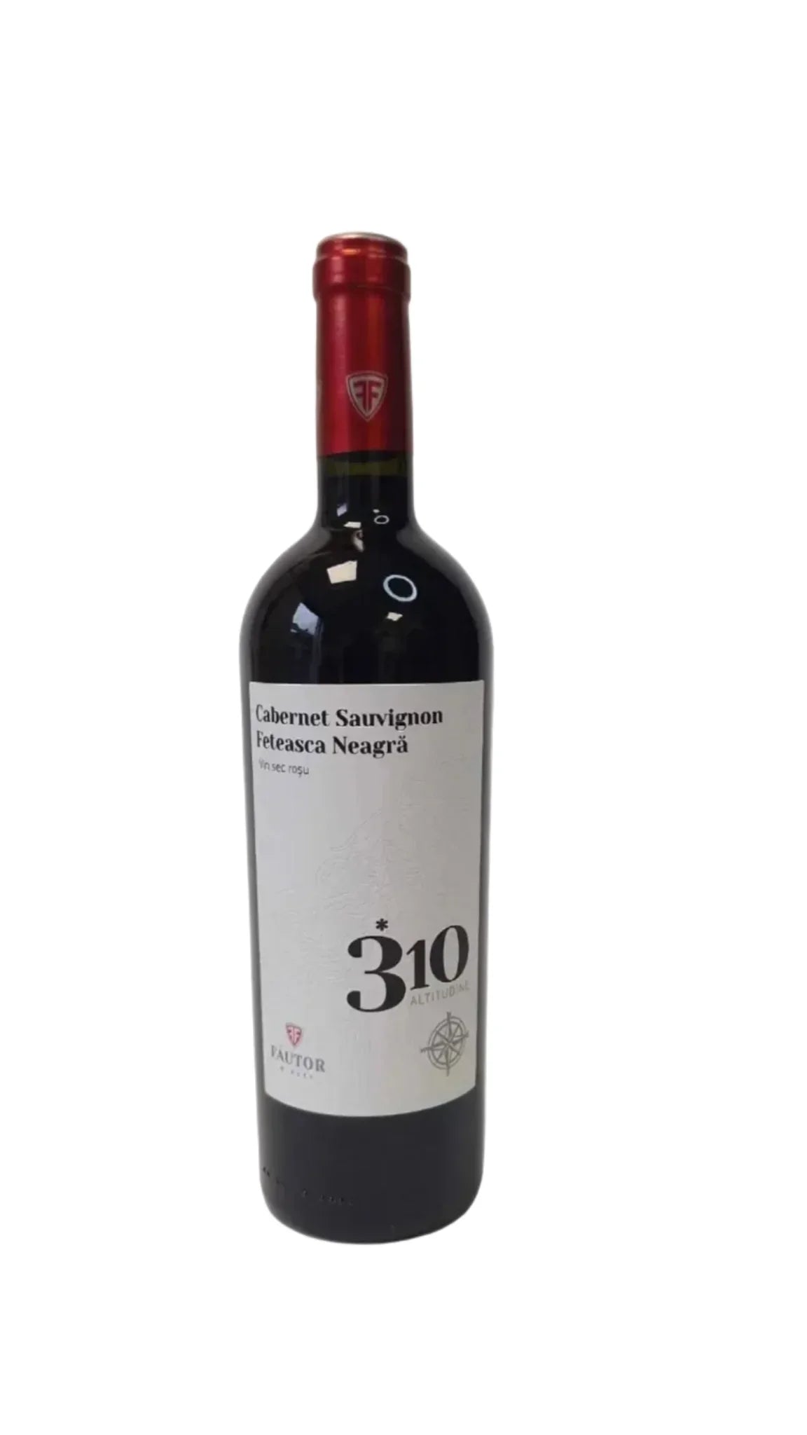 Bottle of Fautor Cabernet Sauvignon Feteasca Neagra Moldovan red wine on white background
