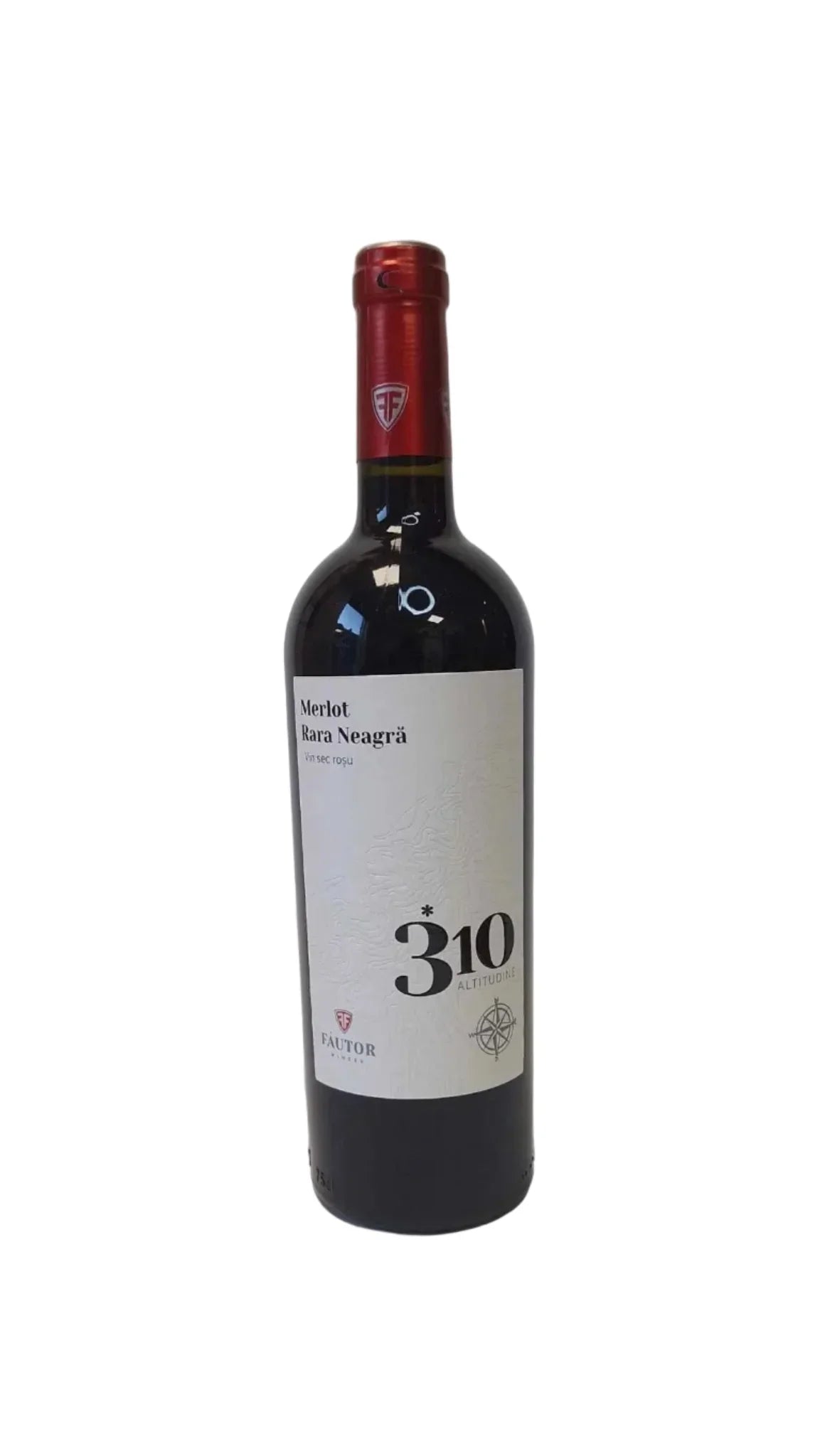 Bottle of Moldovan red wine labeled Merlot Rara Neagră 310 Altitudine with red foil top