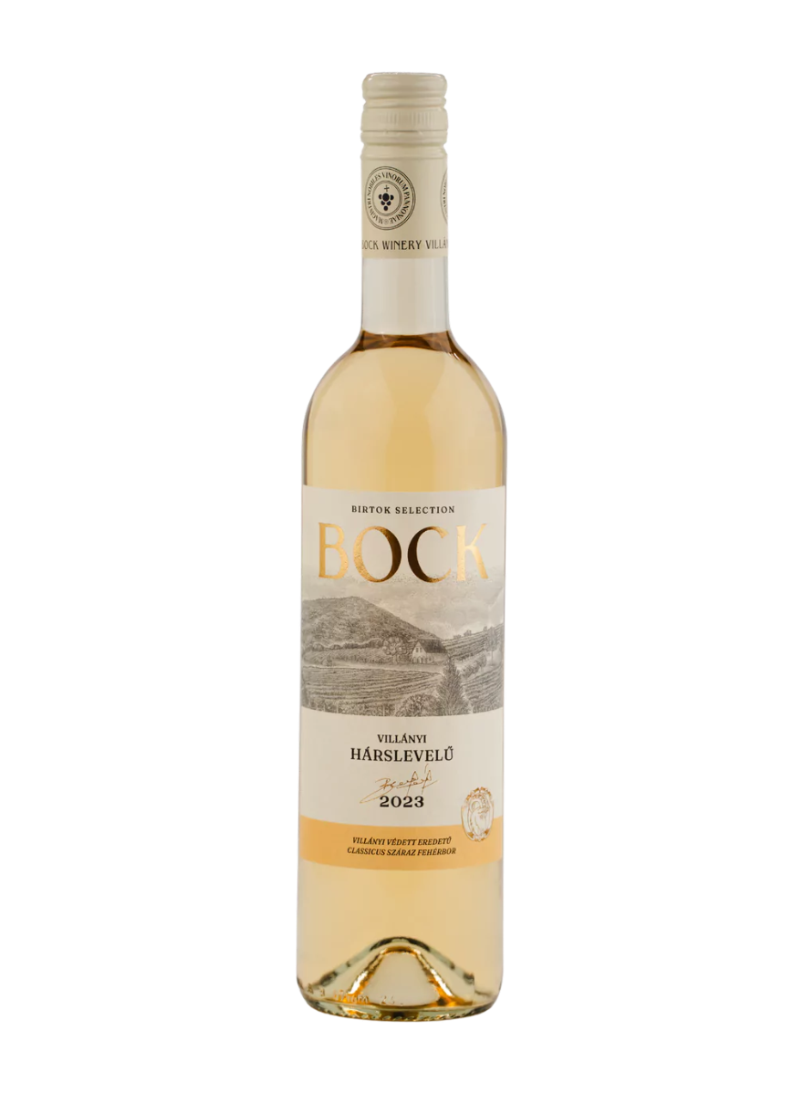 A bottle of Bock Villány Hárslevelül white wine, showing the pale golden liquid inside a clear glass bottle with a cream-colored label and gold foil at the neck, set against a plain white background.