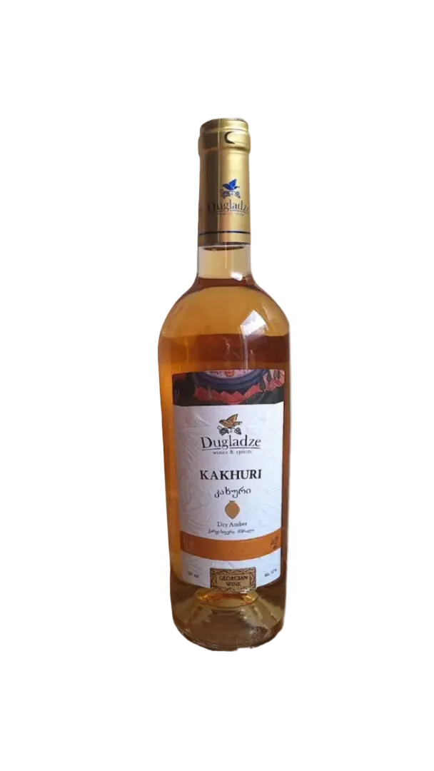 Dugladze Kakhuri Qvevri orange dry amber Georgian wine bottle with white and gold label