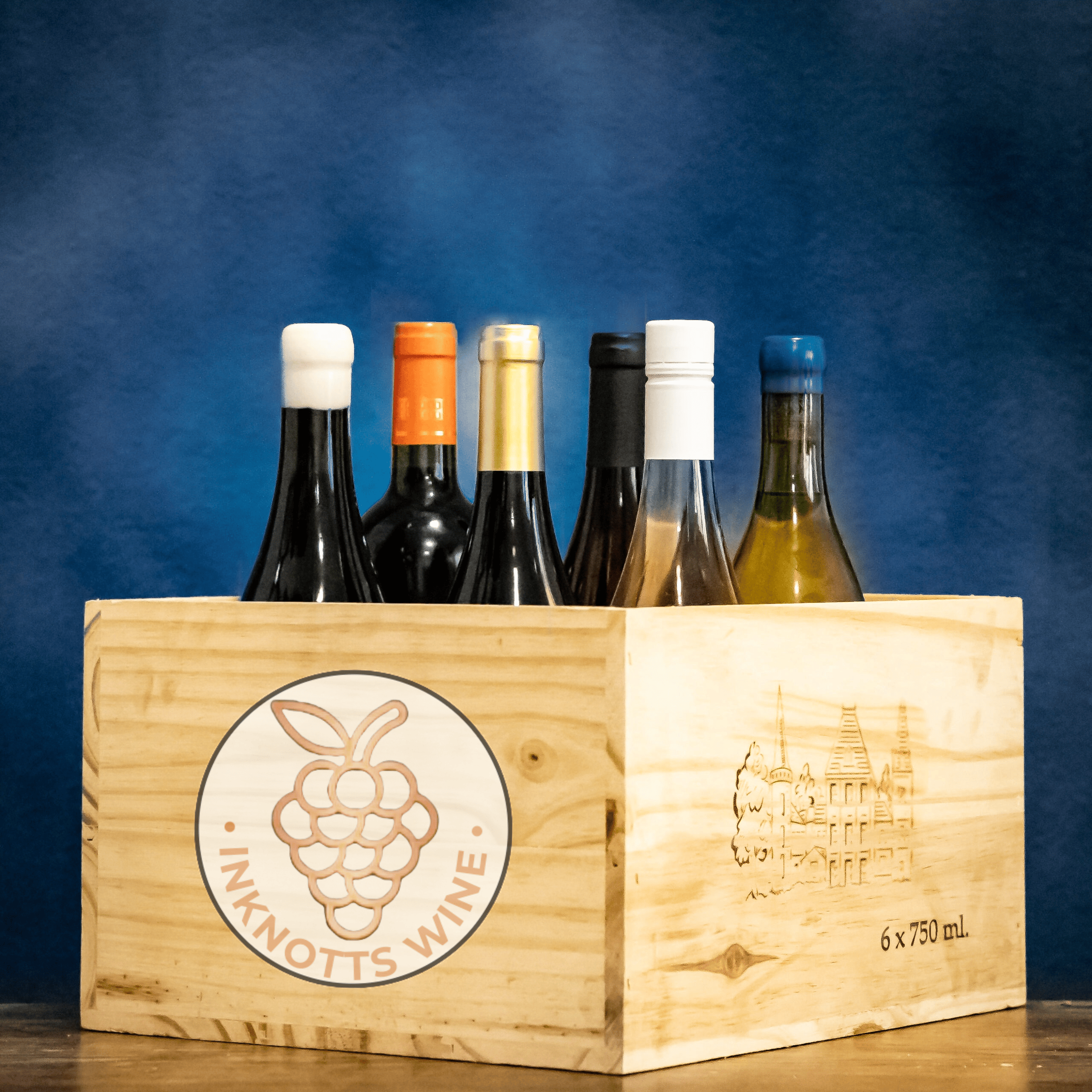 Mixed wine case in wooden crate