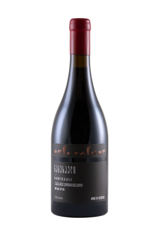 A bottle of Naberauli saperavi red wine, featuring a dark glass bottle with a deep red foil capsule and a black label with white text.