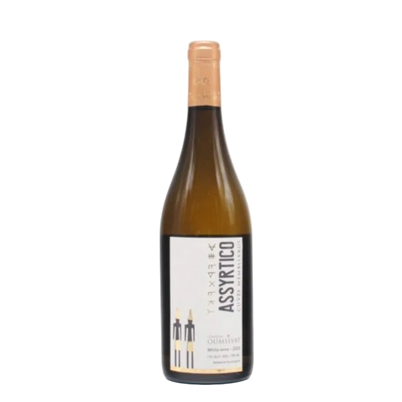A bottle of Assyrtrico white wine with a white label and a light tan foil capsule, set against a plain white background.