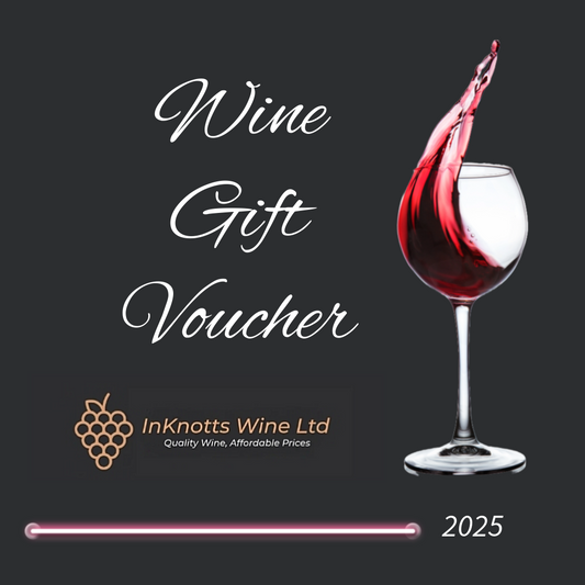 Wine gift voucher with a glass of red wine and InKnotts Wine Ltd branding on a black background.